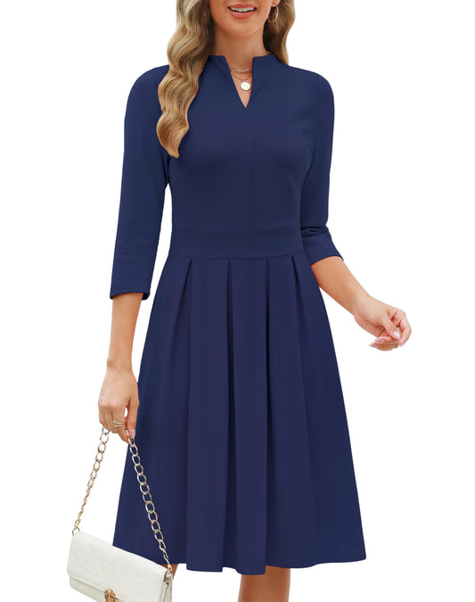 Zattcas Women 2024 Cotton Fall Dress V Neck 3/4 Sleeve Modest Business Casual Work Professional Office Outfits Teacher Church Knit Swing Pleated A Line Midi Dresses Navy L