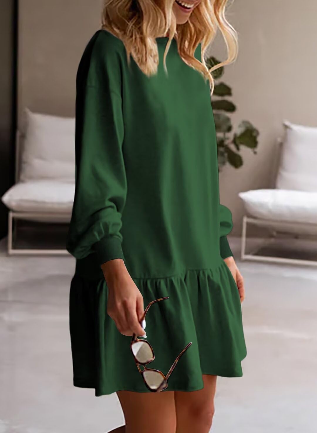 BLENCOT Mini Dress for Women 2024 Fall Winter Cute Patchwork Long Sleeve Ruffled Crewneck Sweatshirt Dresses Casual Sport Pullover Tops Green Small