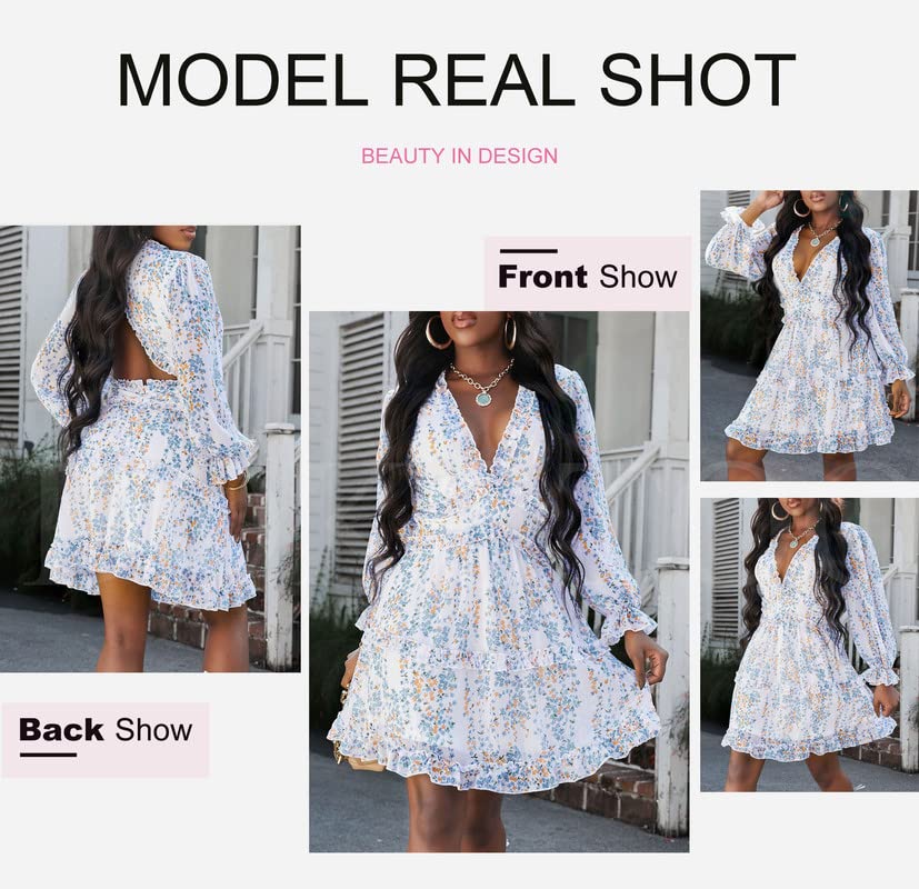 Dokotoo Womens Sun Casual V Neckline Long Sleeve Open Back Floral Print Mini Dress Bohemian Fashion Skater A Line Ruffle Hem Beach Dresses White X-Large