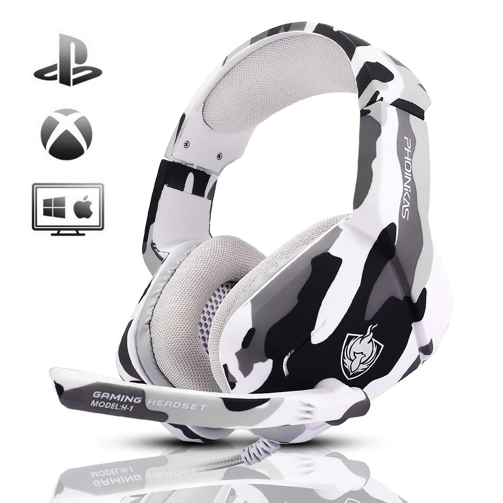 PHOINIKAS Gaming Headset for PS4, Xbox One, PC, Laptop, Mac, Nintendo Switch, 3.5MM PS4 Stereo Headset Over Ear Headphones with Noise-Cancelling Mic, Bass Surround - Camo