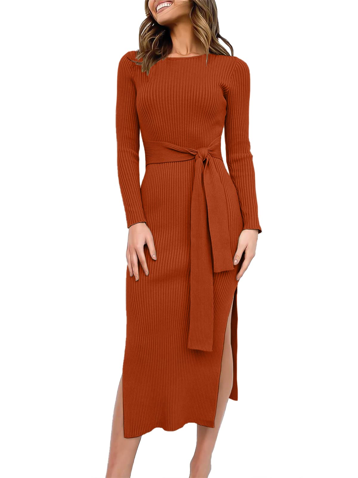 ANRABESS Womens Long Sleeve Sweater Dress Crew Neck Slim Fit Slit Tie Waist 2024 Ribbed Knit Bodycon Midi Dress Fall Outfits 623shenxiuhong-S Rust