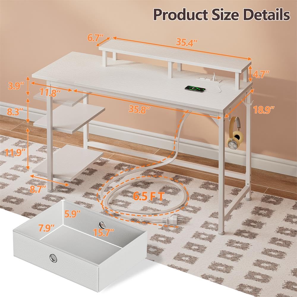 Furologee White Desk with Power Outlets and LED Lights, 47" Office Gaming Desk with Shelves and Fabric Drawer, Reversible Study Table with Monitor Stand and Hooks