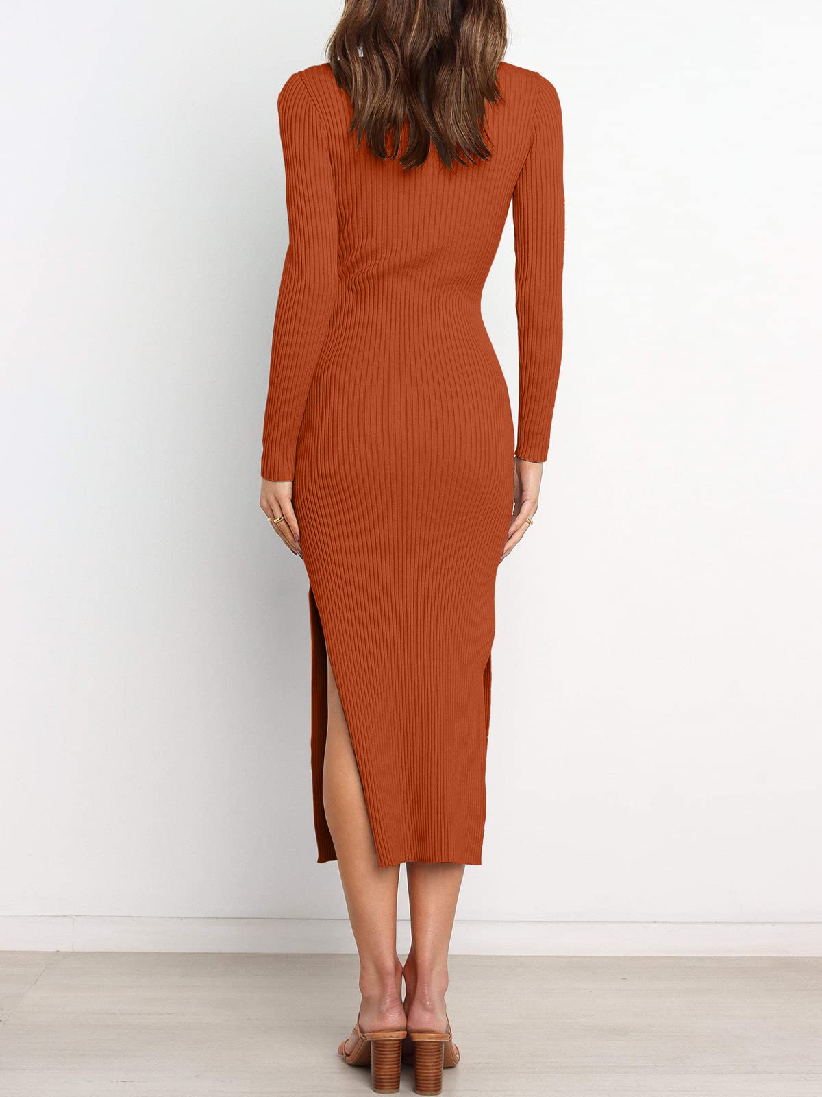 ANRABESS Womens Long Sleeve Sweater Dress Crew Neck Slim Fit Slit Tie Waist 2024 Ribbed Knit Bodycon Midi Dress Fall Outfits 623shenxiuhong-S Rust