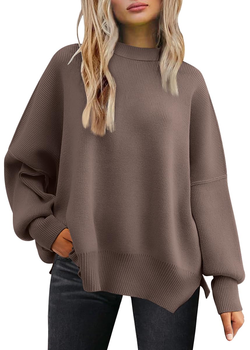 LILLUSORY Women's Oversized Batwing Sweaters 2024 Fall Outfits Crewneck Ribbed Knit Side Slit Trendy Pullover Tops Nutmeg XL