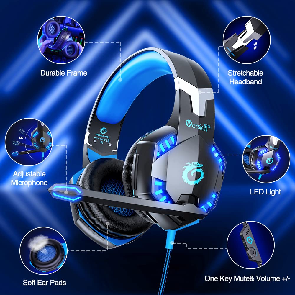 VersionTECH. G2000 Gaming Headset for PS5 PS4 Xbox One Controller,Bass Surround Noise Cancelling Mic, Over Ear Headphones with LED Lights for Mac Laptop Xbox Series X S Nintendo Switch NES PC Games