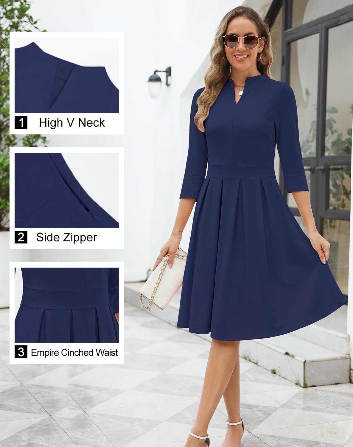 Zattcas Women 2024 Cotton Fall Dress V Neck 3/4 Sleeve Modest Business Casual Work Professional Office Outfits Teacher Church Knit Swing Pleated A Line Midi Dresses Navy L