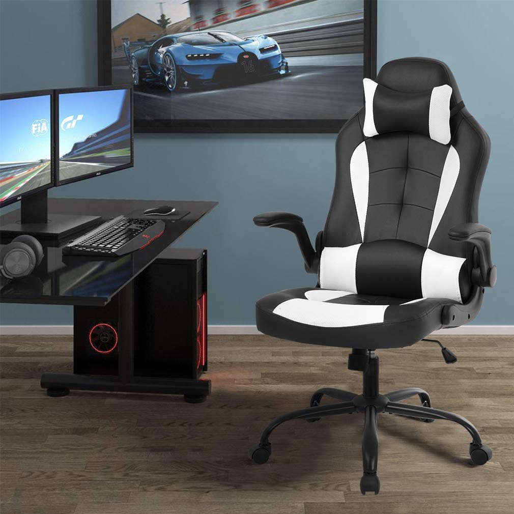 Gaming Chair Racing Style Office Chair High Back Desk Chair Executive PU Leather Rolling Task Swivel Computer Chair with Lumbar Support Headrest, White