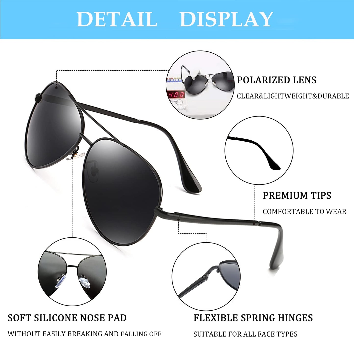 Augcrki Aviator Sunglasses for Men,Women Polarized Men's, Women's Sunglasses UV Protection 400 Metal Frame with Spring Hinges 62MM