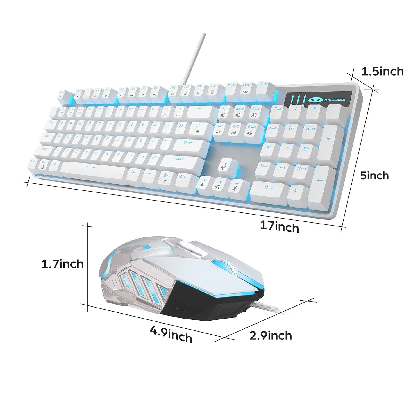 Mechanical Keyboard and Mouse, Wired Blue Backlit Mechanical Gaming Keyboard with Blue Switch, 104 Keys Anti-Ghosting Gaming Keyboard, 7-Color Breathing Backlit Gaming Mouse, White