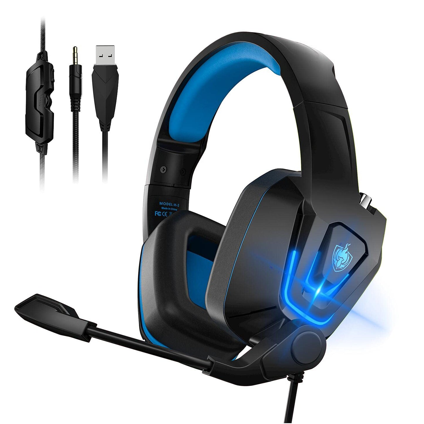 YOTMS Gaming Headset for PS4, Wired PC Headset for Xbox One, PS5, Witch, H2 Over-Ear Gaming Headphones with Noise Cancelling Mic & LED Light & Volume Control & Surround Sound (Navy Blue)