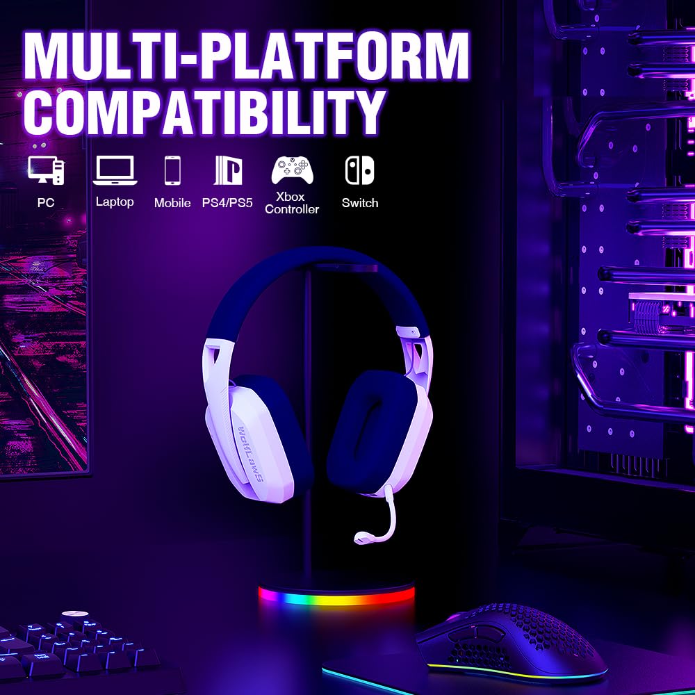 WolfLawS Wireless Gaming Headset for PS5, PS4, PC, Mac, Switch, Bluetooth Over-Ear Headphones with Detachable and Built-in Mics, Low Latency, Lightweight, Noise Isolation, 48H Battery