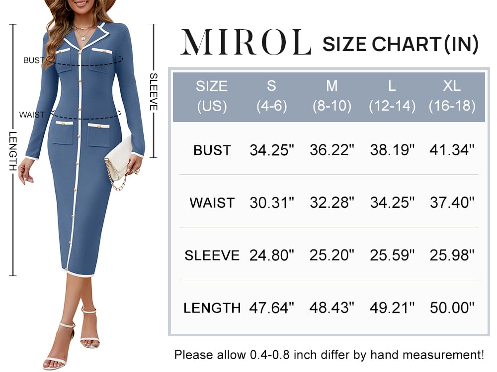 MIROL Women's Lapel Collar Sweater Dress 2024 Fall Long Sleeve Contrast Button Down Bodycon Maxi Long Dress Black