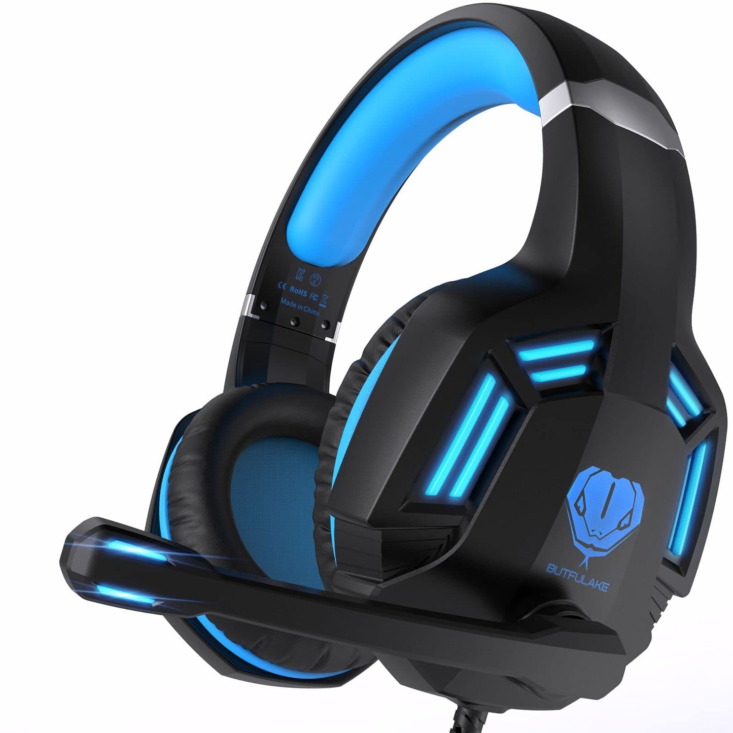 Gaming Headset for PS4, PC, Xbox One, PS5, for Nintendo Switch, Wired Over Ear Headphones with Stereo Surround Sound, Noise-Cancelling Microphone, LED Lights for Kids Adults, Black Blue