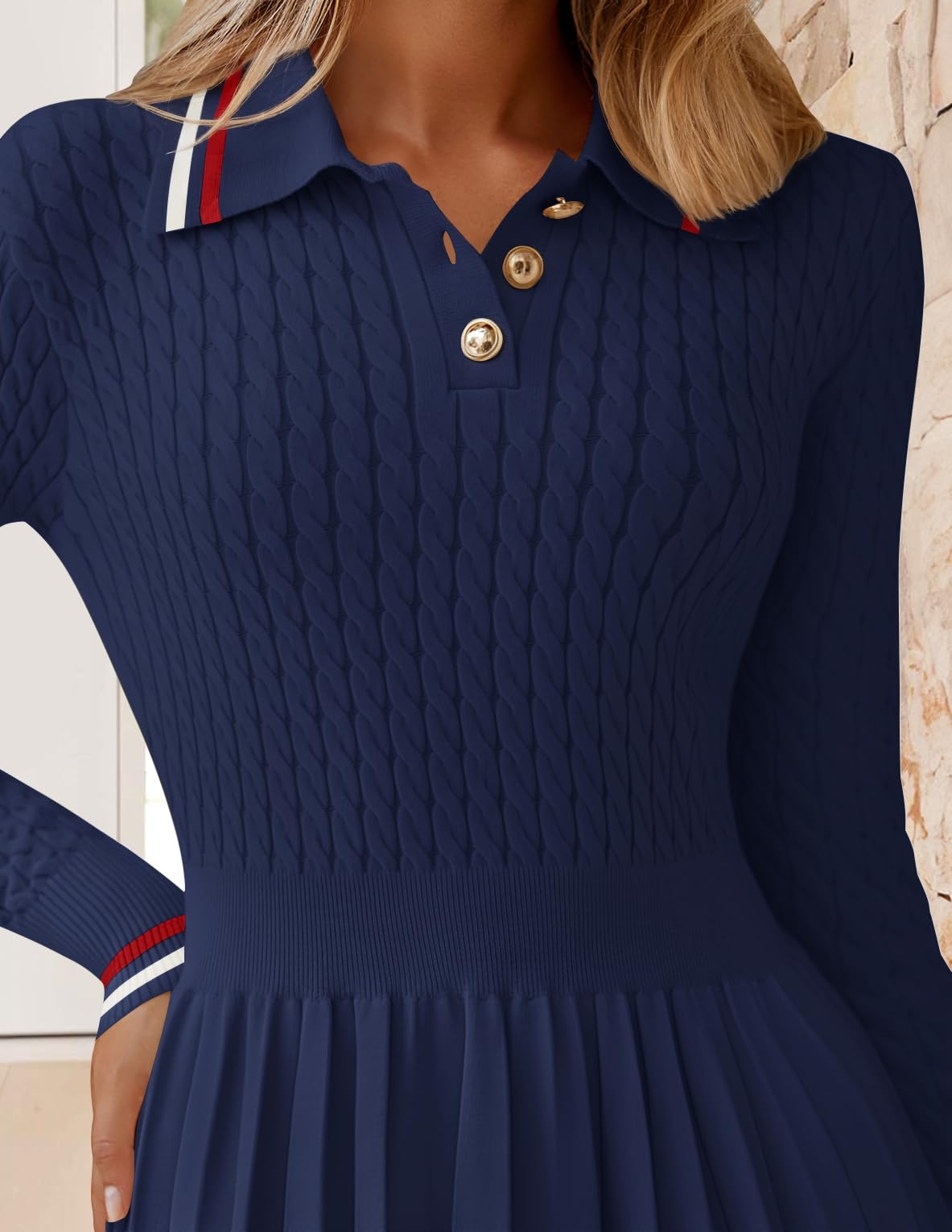 ZESICA Women's Midi Sweater Dress 2024 Fall Long Sleeve Cable Ribbed Knit A Line Swing Pleated Dresses,Royal Blue,Medium