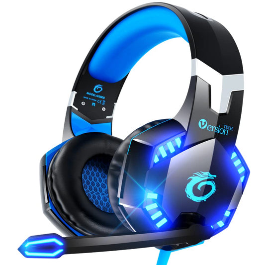 VersionTECH. G2000 Gaming Headset for PS5 PS4 Xbox One Controller,Bass Surround Noise Cancelling Mic, Over Ear Headphones with LED Lights for Mac Laptop Xbox Series X S Nintendo Switch NES PC Games