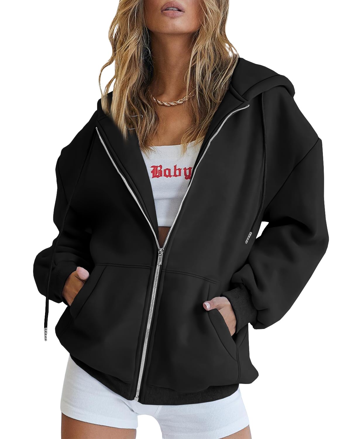 Trendy Queen Womens Zip Up Hoodies Oversized Sweatshirts Fall Fashion Outfits Sweaters Casual Jackets 2024 Winter Clothes Black XXL