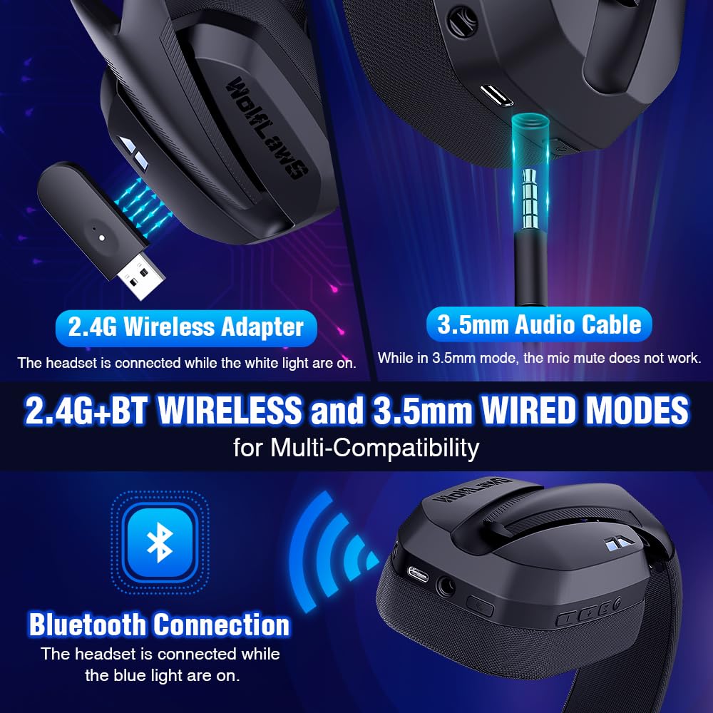 WolfLawS Wireless Gaming Headset for PC, PS5, PS4, Mac, Switch, Bluetooth Over-Ear Headphones with Detachable and Built-in Mics, Low Latency, Lightweight, 48H Battery, Noise Isolation - Black