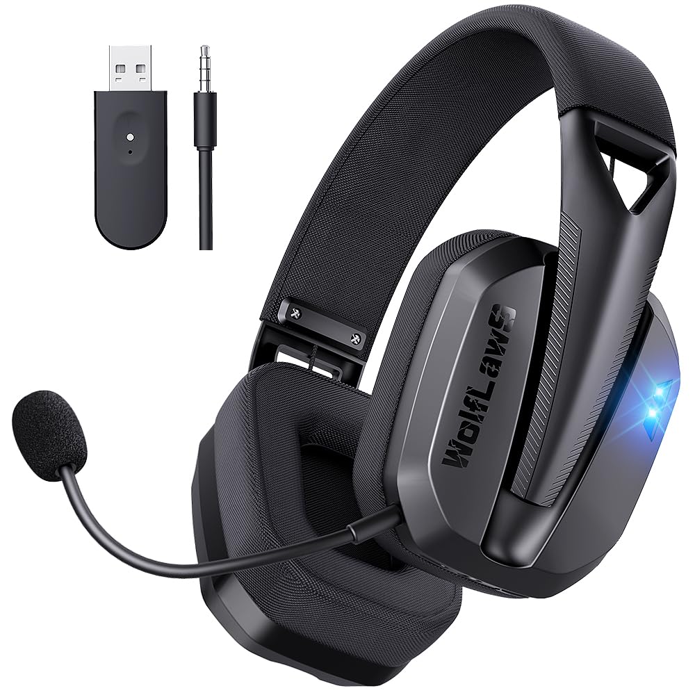 WolfLawS Wireless Gaming Headset for PC, PS5, PS4, Mac, Switch, Bluetooth Over-Ear Headphones with Detachable and Built-in Mics, Low Latency, Lightweight, 48H Battery, Noise Isolation - Black