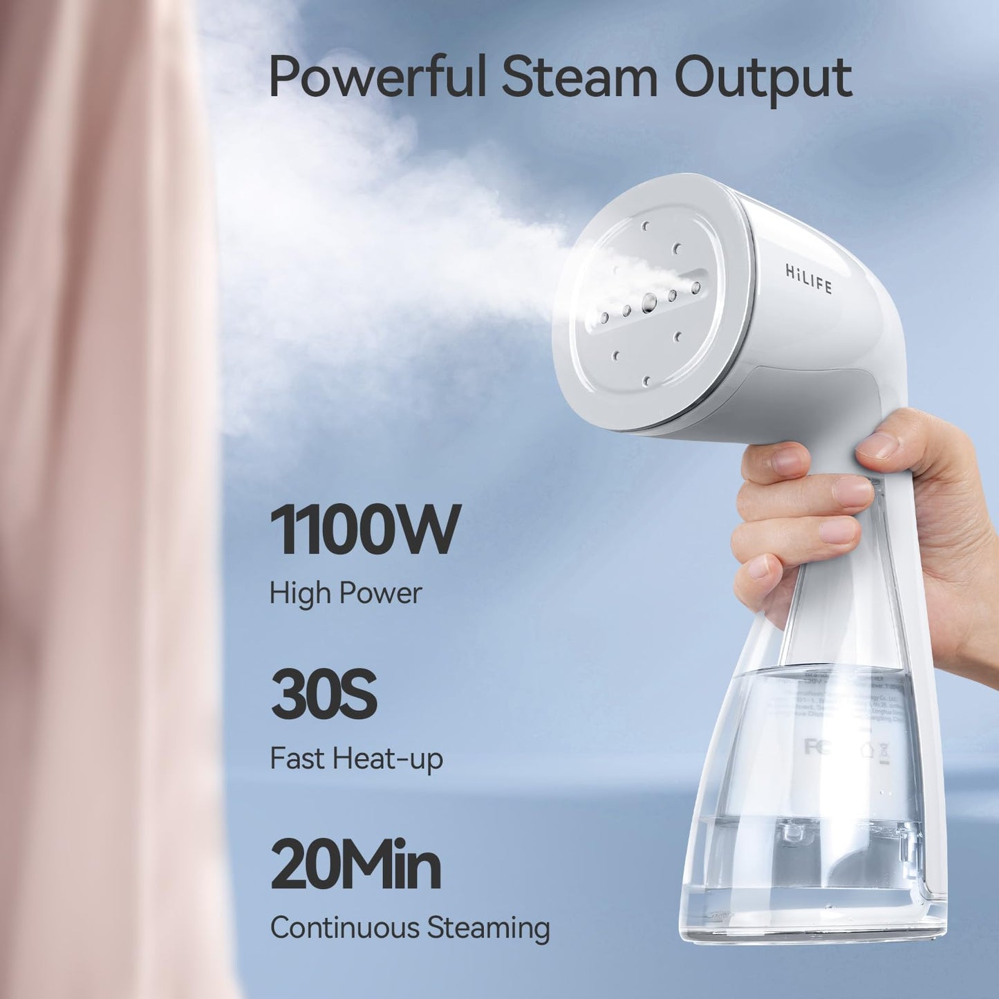 HiLIFE Steamer for Clothes, 1100W Clothes Steamer, Fast Wrinkle Removal with Large 300ml Tank, Ideal for All Fabrics, Easy to Use, Compact and Portable Travel Garment Steamer (white)