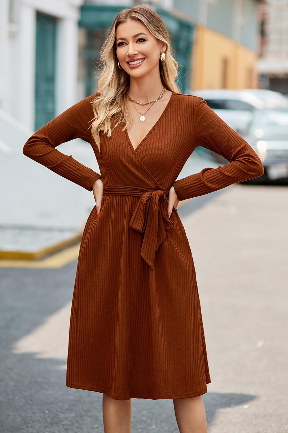 Newshows Womens 2024 Fall Sweater Dress Long Sleeve Business Casual Outfits V Neck Ribbed Knit Belt Trendy with Pockets(Caramel, XL)