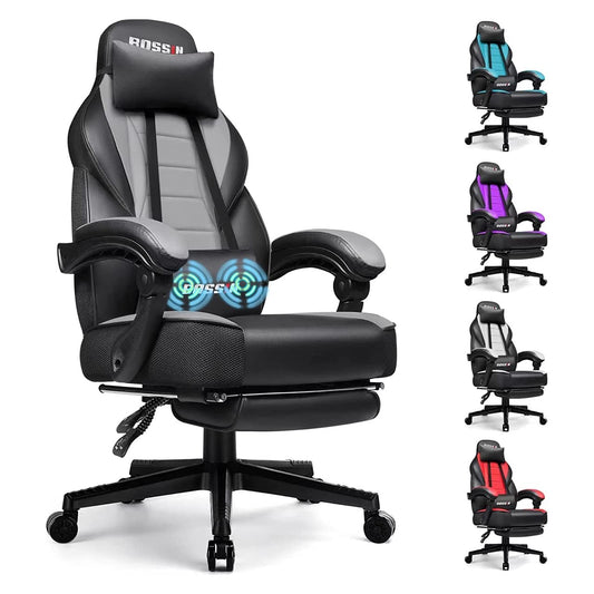 BOSSIN Gaming Chair with Massage, Ergonomic Heavy Duty Design with Footrest and Lumbar Support, Large Size Cushion High Back Office Chair, Big and Tall Gaming Computer Chair for Kids