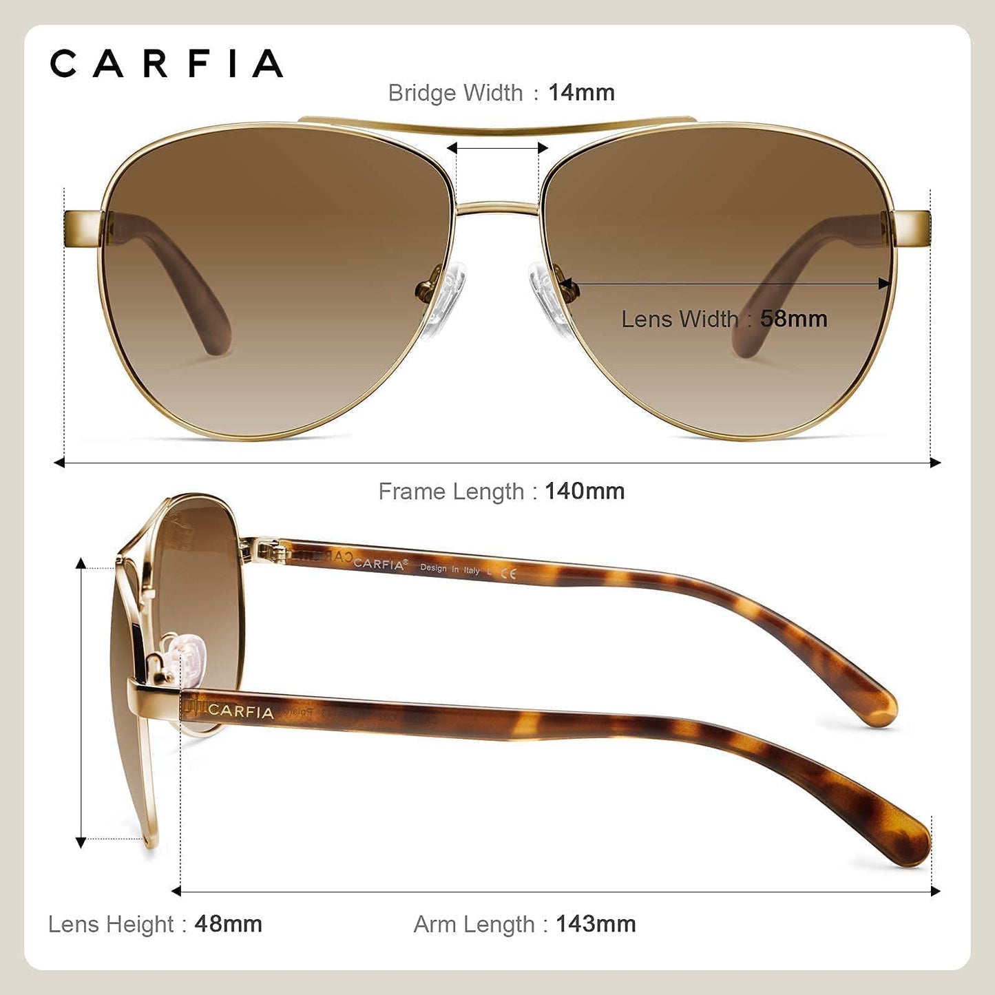 CARFIA Polarized Sunglasses for Women UV Protection Acetate Arms Gold Metal Frame Brown Gradient Lens CA3216