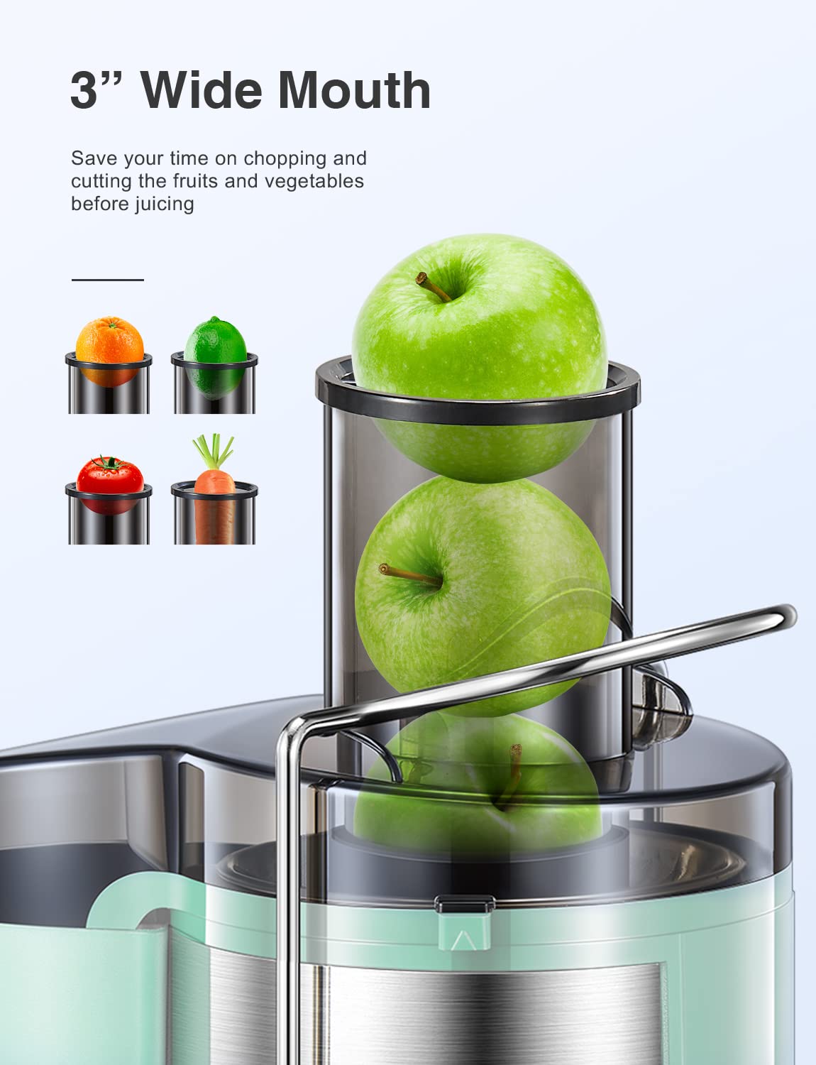 QCen Juicer Machine, 500W Centrifugal Juicer Extractor with Wide Mouth 3” Feed Chute for Fruit Vegetable, Easy to Clean, Stainless Steel, BPA-free (Aqua)