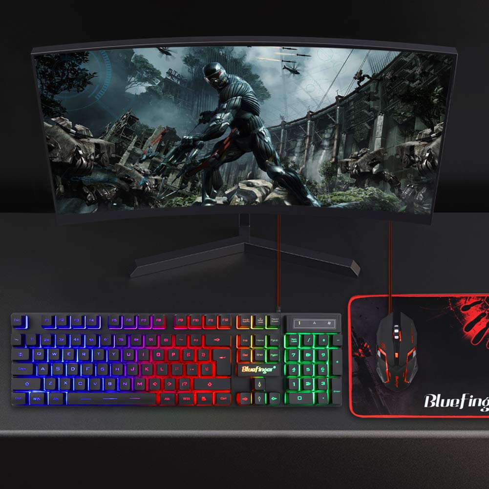 BlueFinger RGB Gaming Keyboard and Backlit Mouse Combo, USB Wired, LED Gaming Set for Laptop PC Computer Game and Work