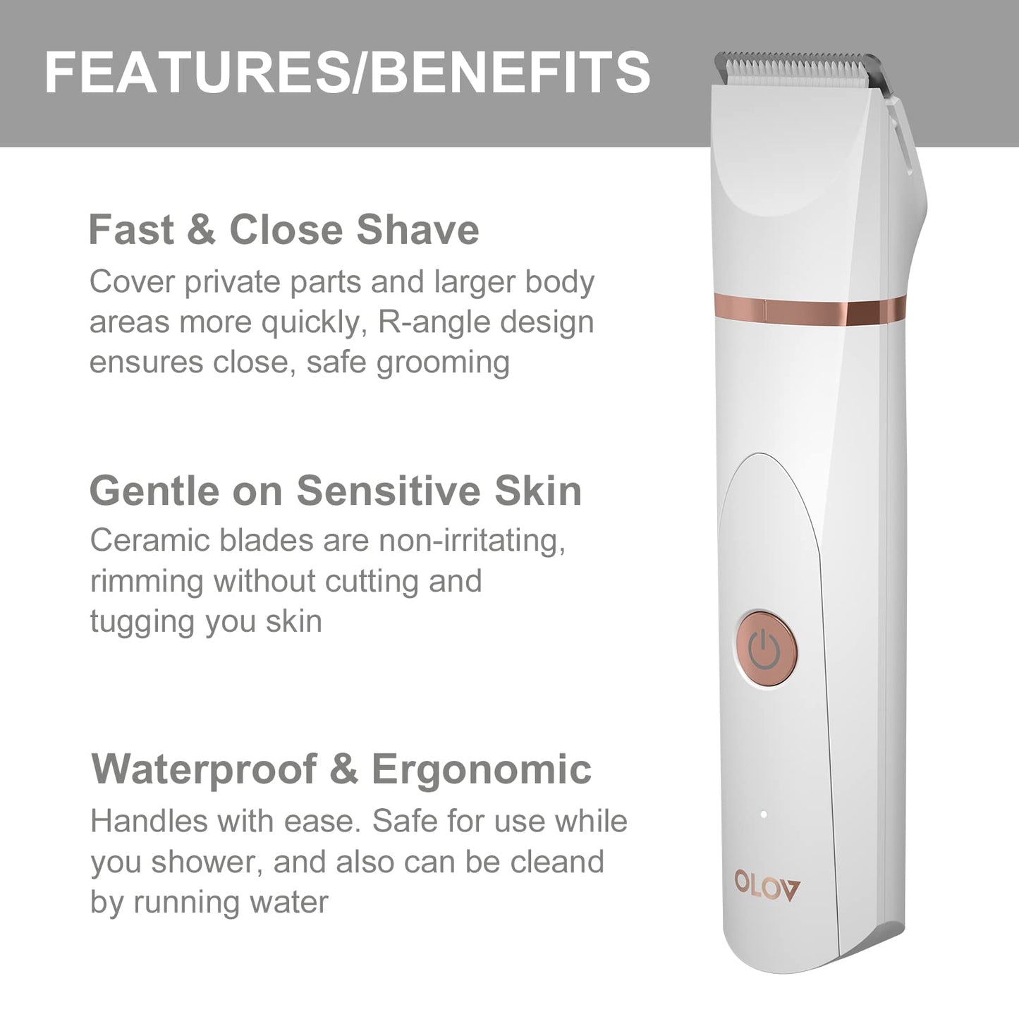 OLOV Electric Body Hair Trimmer - Groin Trimmer for Men - Bikini Trimmer Women - Wet/Dry Shaver Groomer, Replaceable Ceramic Blade Heads, USB Recharge Dock, Waterproof Hygiene Razor, White