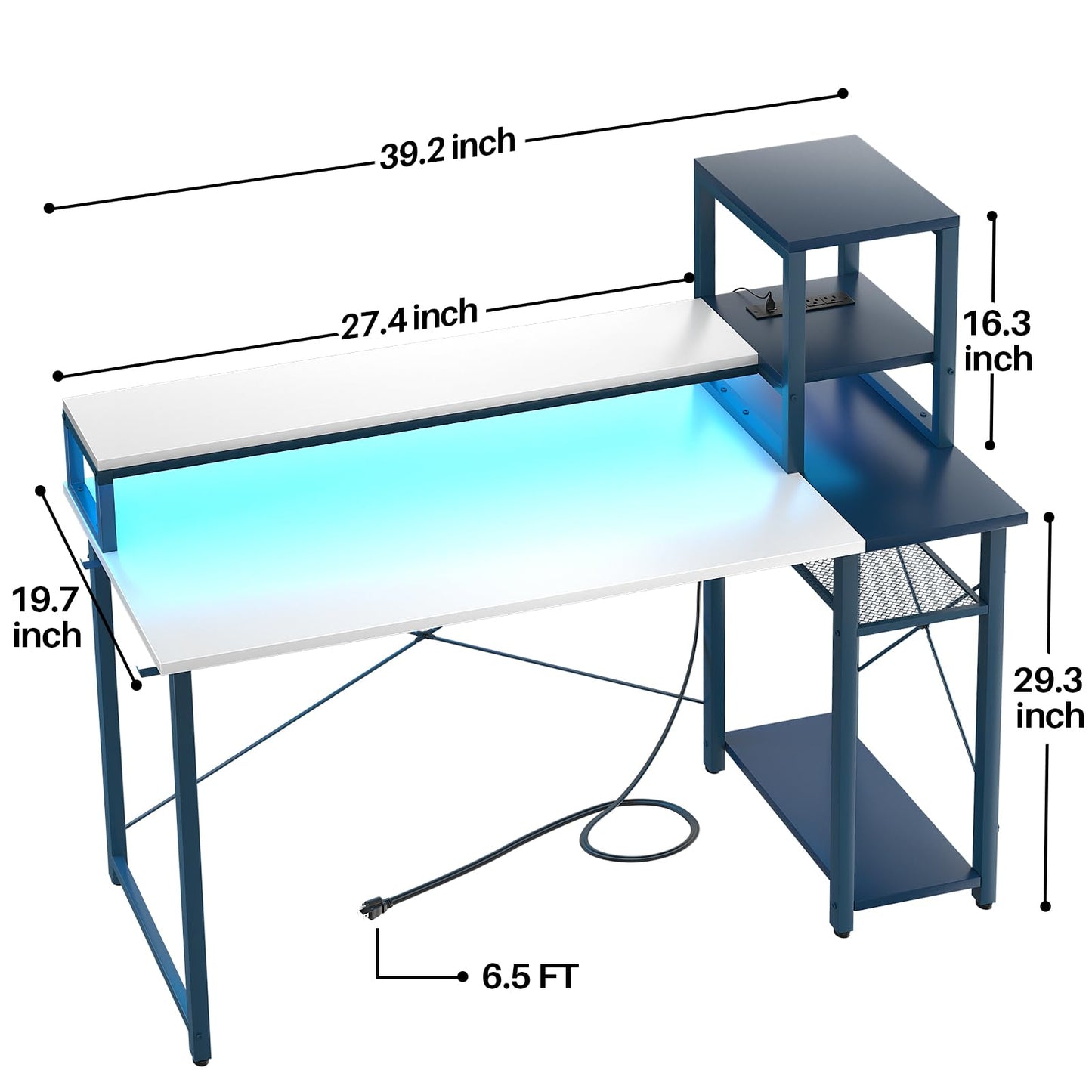 Besiost 39.4'' Gaming Desk with LED and Storage Shelves, 39 Computer Desk with Long Monitor Stand, Small Desk for Small Space, Simple Study Student Writing Desk, Laptop Table for Home Office, White