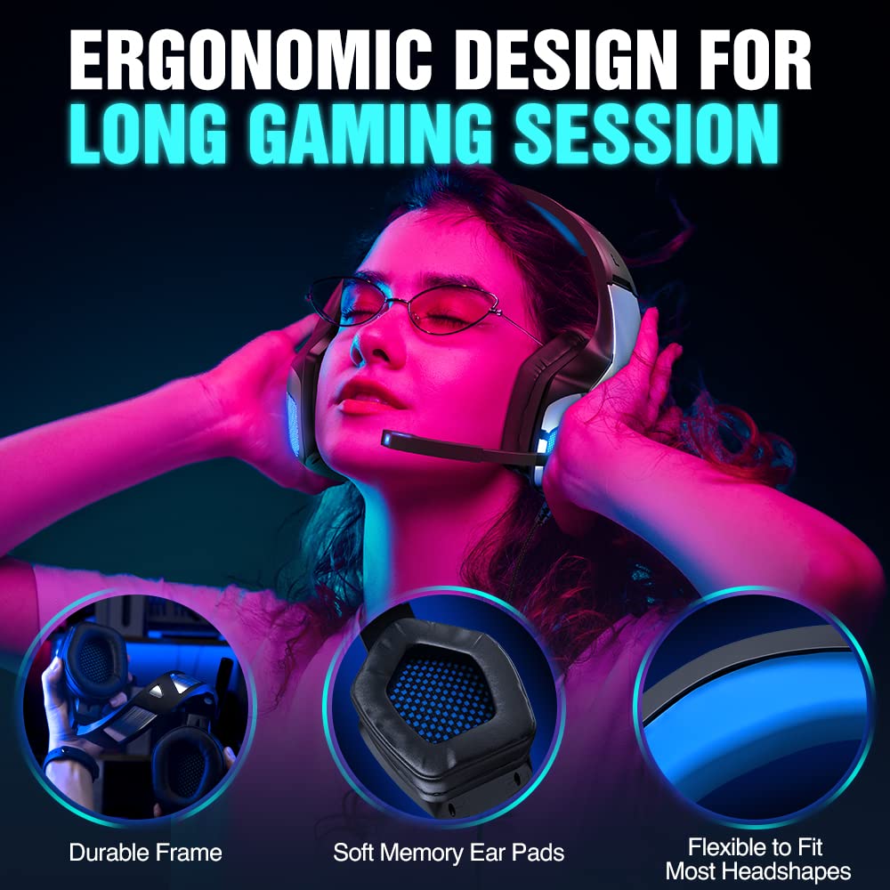 BENGOO V-4 Gaming Headset for Xbox One, PS4, PC, Controller, Noise Cancelling Over Ear Headphones with Mic, LED Light Bass Surround Soft Memory Earmuffs for PS2 Mac Sega Dreamcast PS5 Games