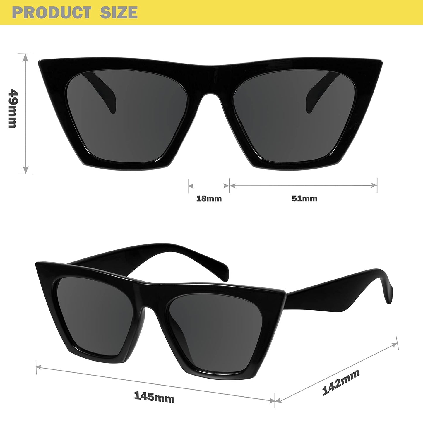 mosanana Cat Eye Sunglasses for Women Trendy Square Cateye Black Retro Cool Vintage Fashion 90s Cute Funky Ladies Small Chunky Unique Shine