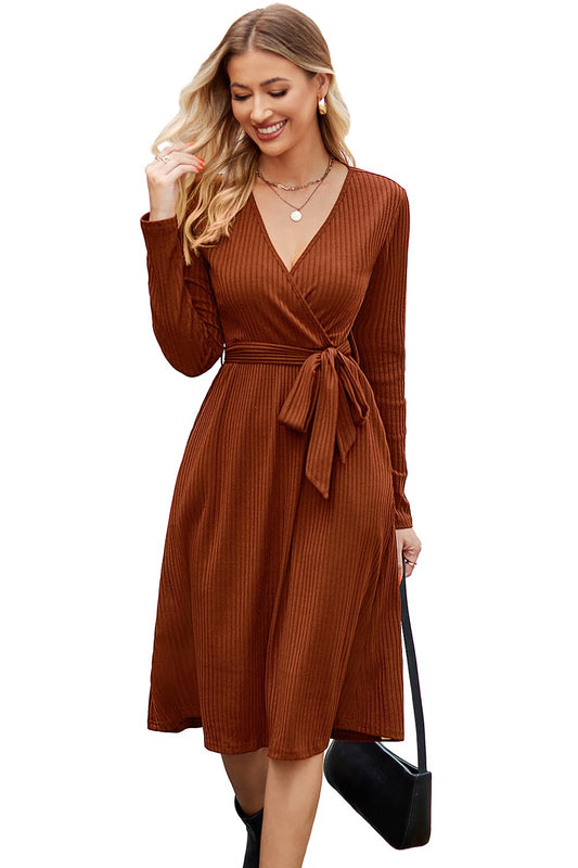 Newshows Womens 2024 Fall Sweater Dress Long Sleeve Business Casual Outfits V Neck Ribbed Knit Belt Trendy with Pockets(Caramel, XL)