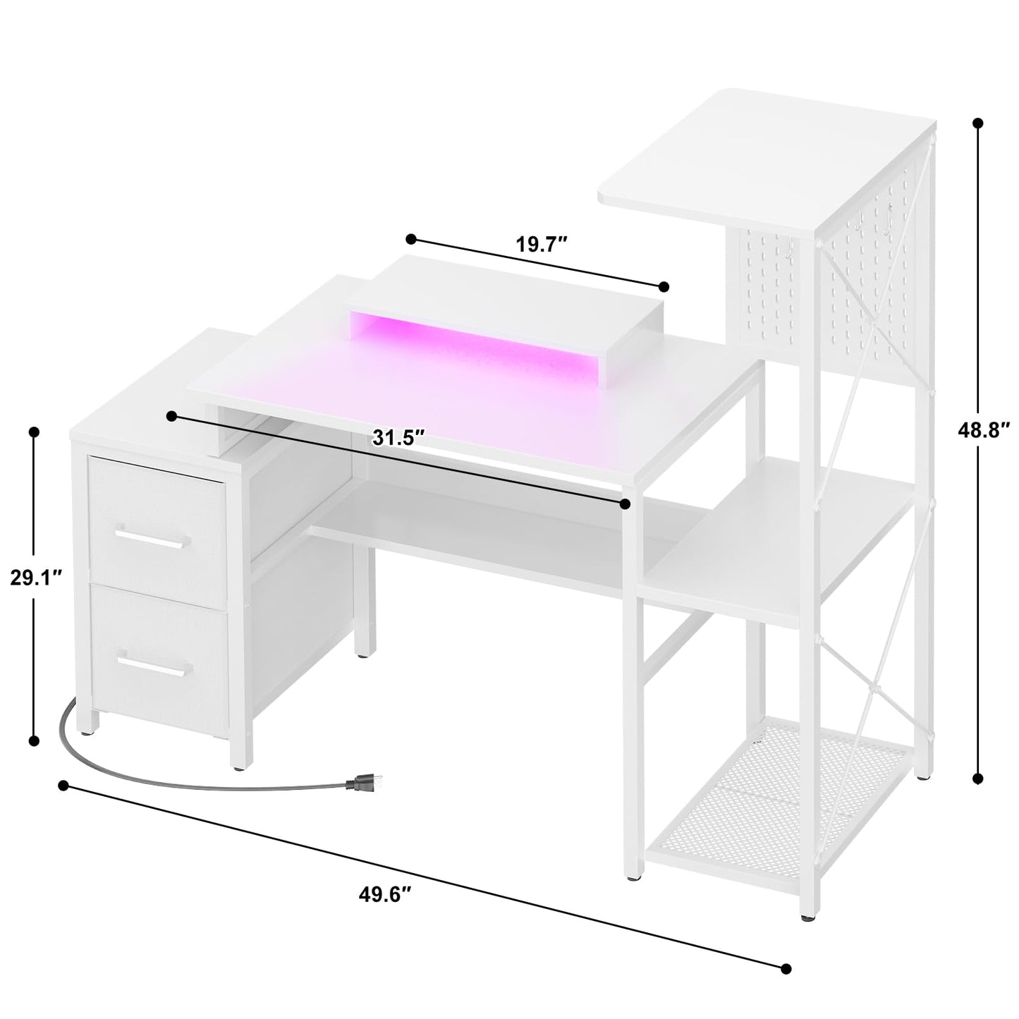 Small Gaming Desk with 2 Fabric Drawers - Reversible Computer Desk with Power Outlet & LED Lights, 49" Office Desk with Monitor Stand & Storage Shelves, Writing Study Table with Pegboard, White