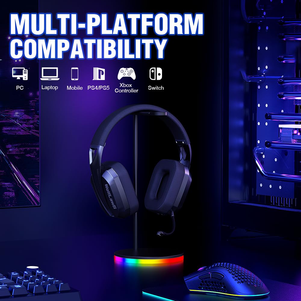 WolfLawS Wireless Gaming Headset for PC, PS5, PS4, Mac, Switch, Bluetooth Over-Ear Headphones with Detachable and Built-in Mics, Low Latency, Lightweight, 48H Battery, Noise Isolation - Black