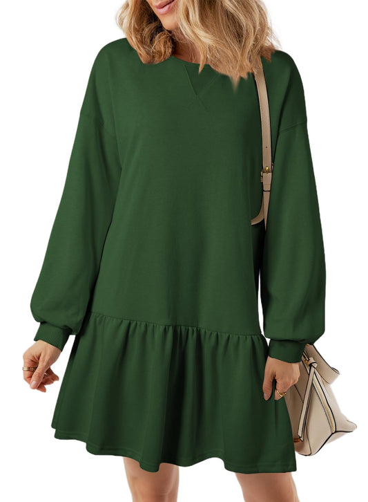 BLENCOT Mini Dress for Women 2024 Fall Winter Cute Patchwork Long Sleeve Ruffled Crewneck Sweatshirt Dresses Casual Sport Pullover Tops Green Small