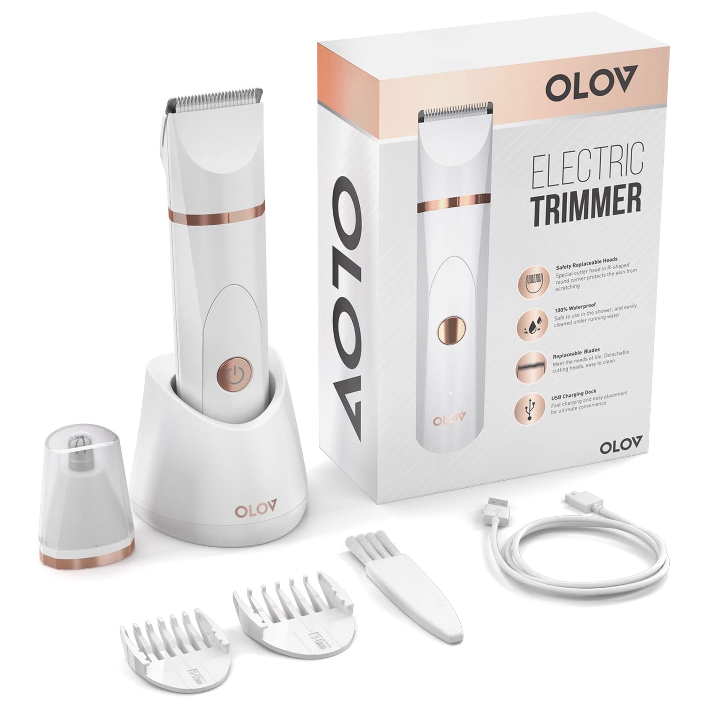 OLOV Electric Body Hair Trimmer - Groin Trimmer for Men - Bikini Trimmer Women - Wet/Dry Shaver Groomer, Replaceable Ceramic Blade Heads, USB Recharge Dock, Waterproof Hygiene Razor, White