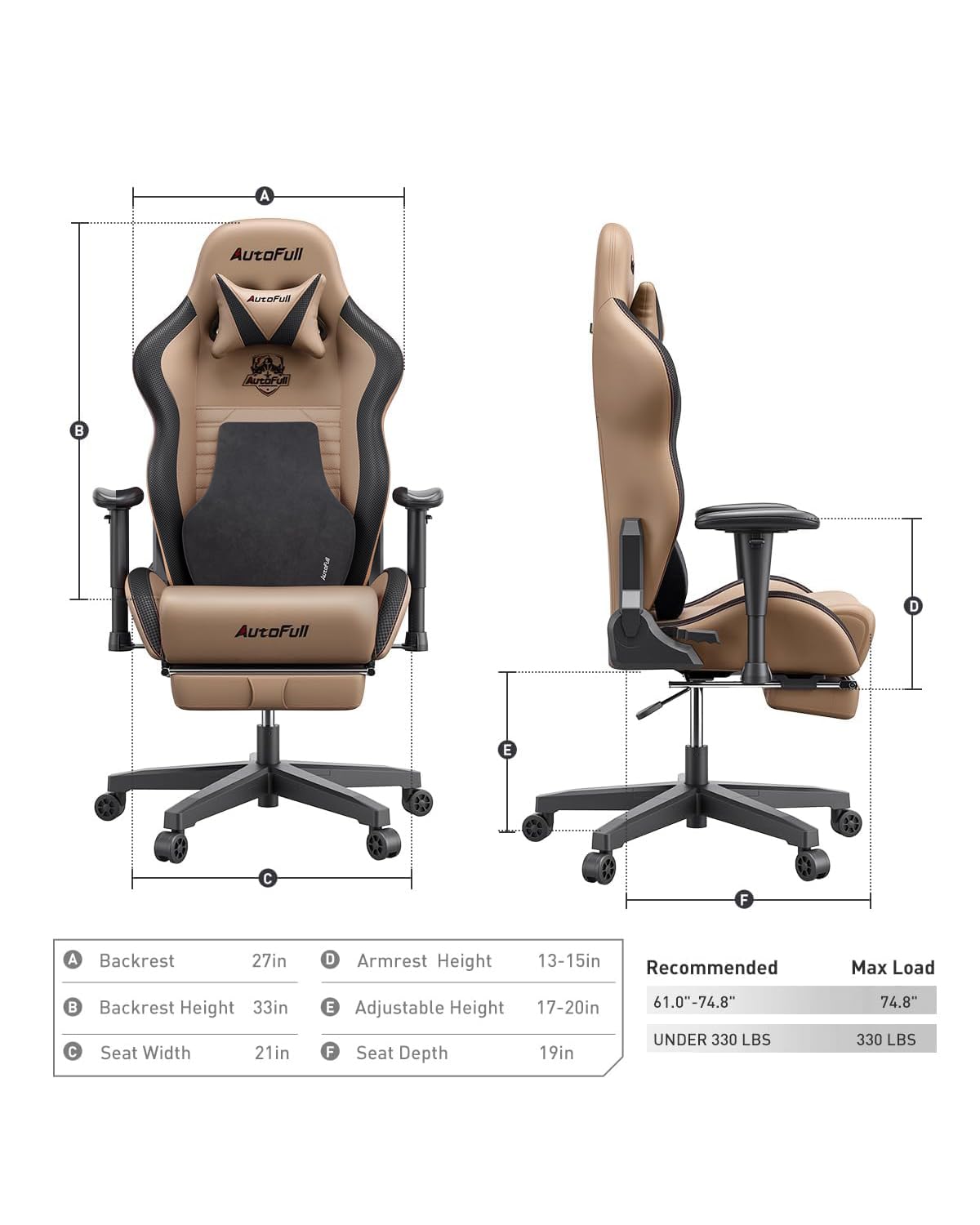 AutoFull Gaming Chair, Racing Style Gaming Chair with Ergonomic Lumbar Support,Adjustable High Back PU Leather PC Chair with Footrest,Brown