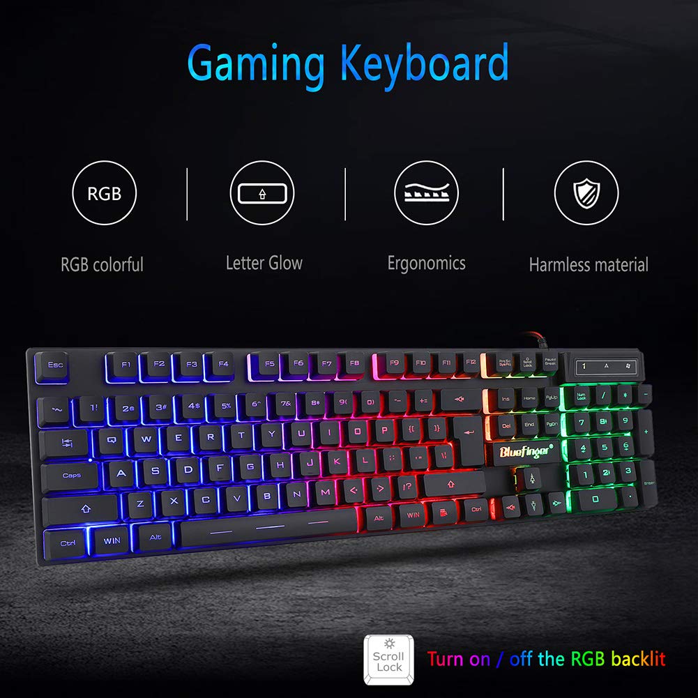 BlueFinger RGB Gaming Keyboard and Backlit Mouse Combo, USB Wired, LED Gaming Set for Laptop PC Computer Game and Work