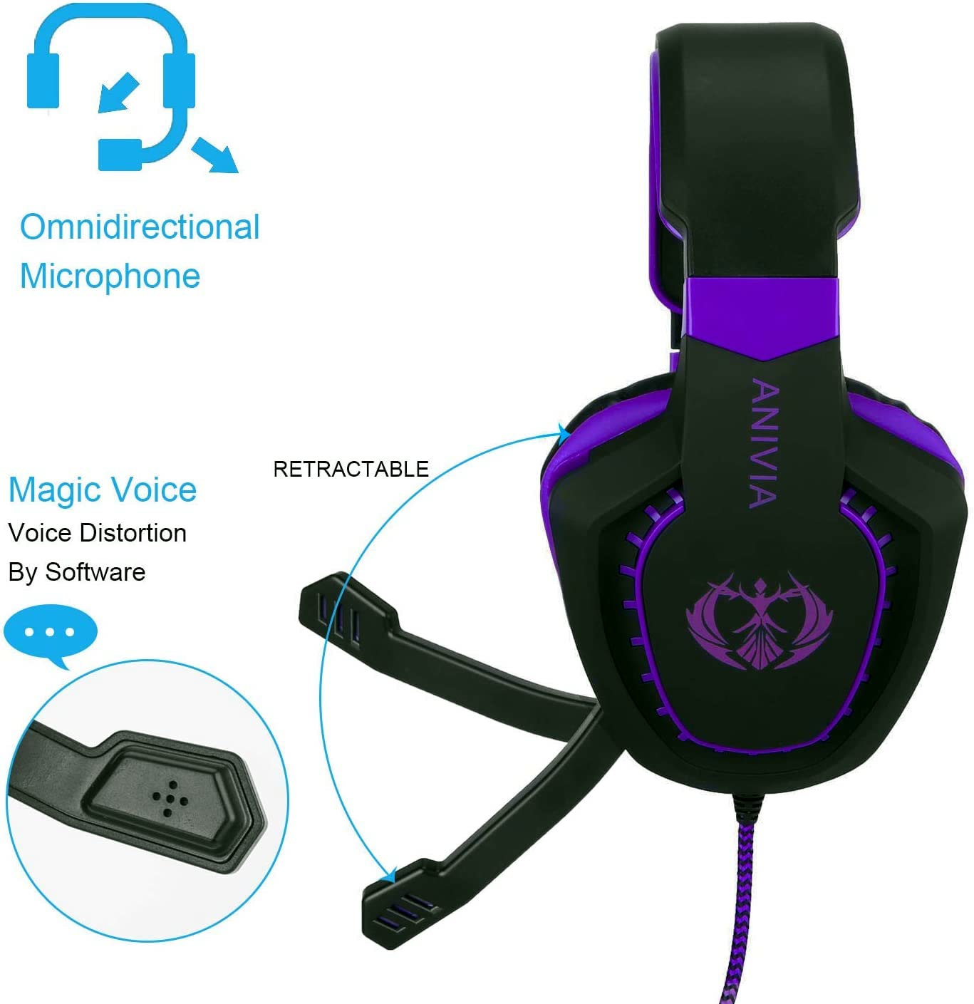 Anivia Computer Over Ear Headphones Wired with Mic Stereo Gaming Headset Noise Isolating Headsets with Volume Control, Bass Surround, Soft Memory Earmuffs for Multi-Platform -AH28plus Black Purple