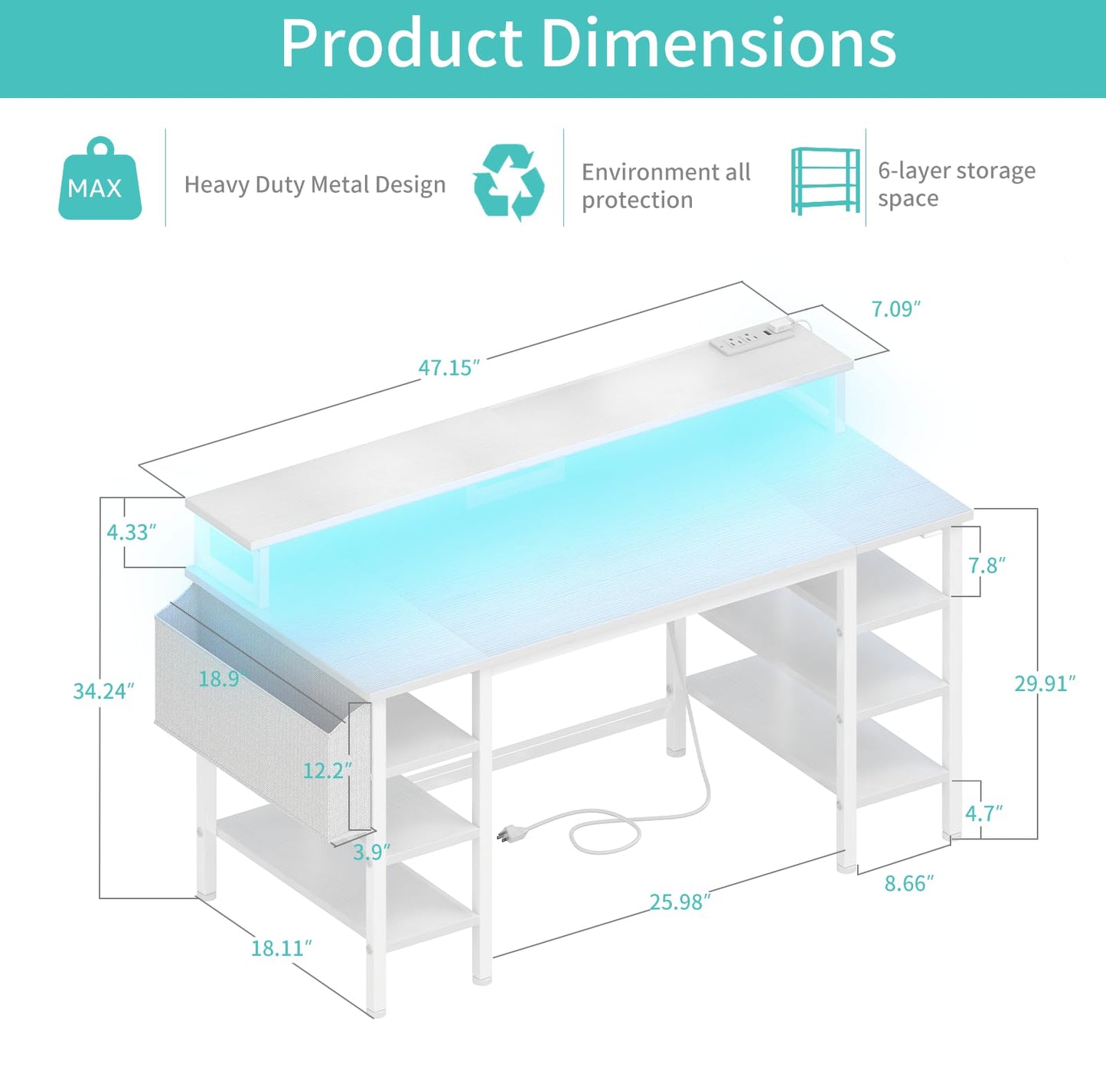 Lufeiya White Gaming Desk with Storage Shelves, 47 inch Home Office Desk with Monitor Stand, Computer Desk with LED Lights and Power Outlets, White