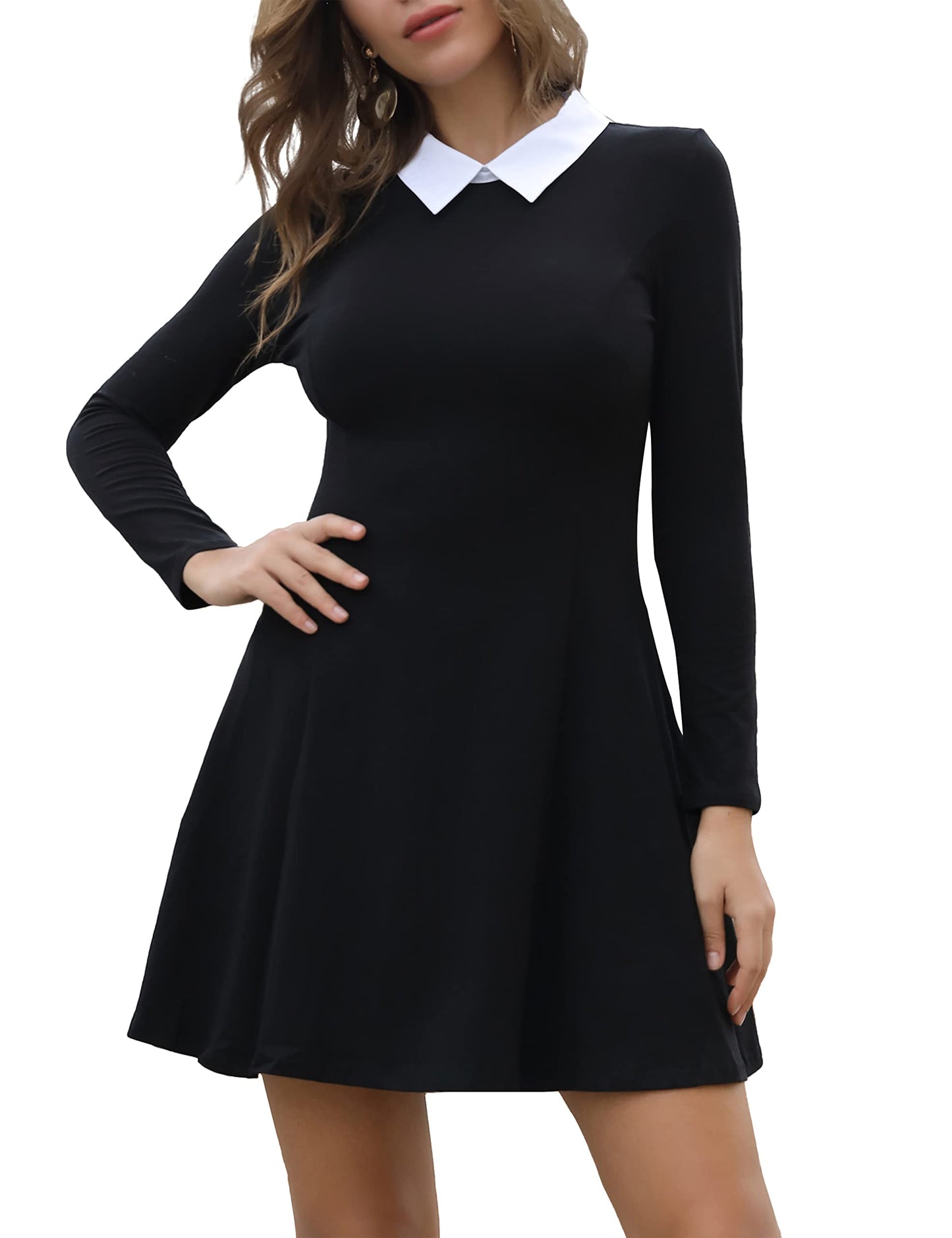 Aphratti Women's Long Sleeve Fall Dresses 2024 Casual Peter Pan Collar A Line Fit and Flare Skater Goth Dress Black Medium