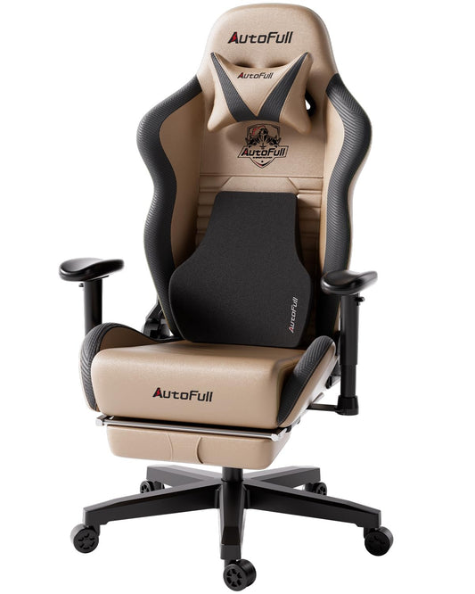 AutoFull Gaming Chair, Racing Style Gaming Chair with Ergonomic Lumbar Support,Adjustable High Back PU Leather PC Chair with Footrest,Brown