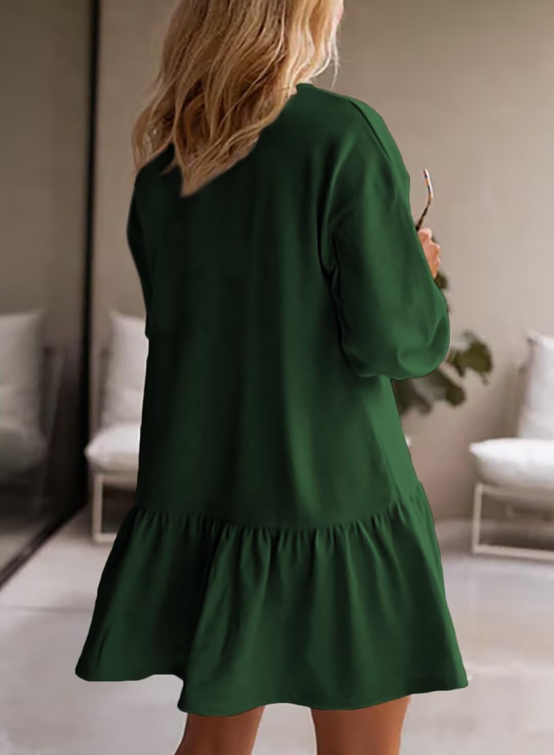 BLENCOT Mini Dress for Women 2024 Fall Winter Cute Patchwork Long Sleeve Ruffled Crewneck Sweatshirt Dresses Casual Sport Pullover Tops Green Small