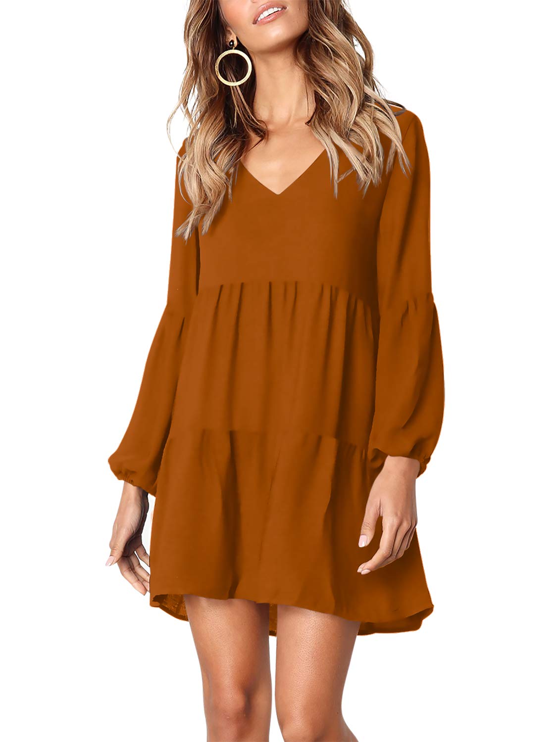 Amoretu Women Long Sleeve Tunic Dress V Neck Swing Shift Dresses(Brown,Medium)