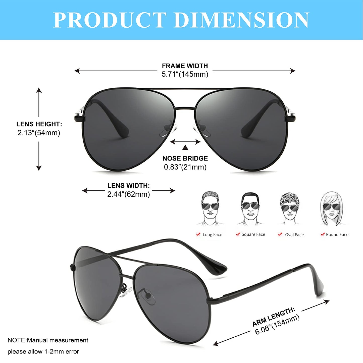 Augcrki Aviator Sunglasses for Men,Women Polarized Men's, Women's Sunglasses UV Protection 400 Metal Frame with Spring Hinges 62MM