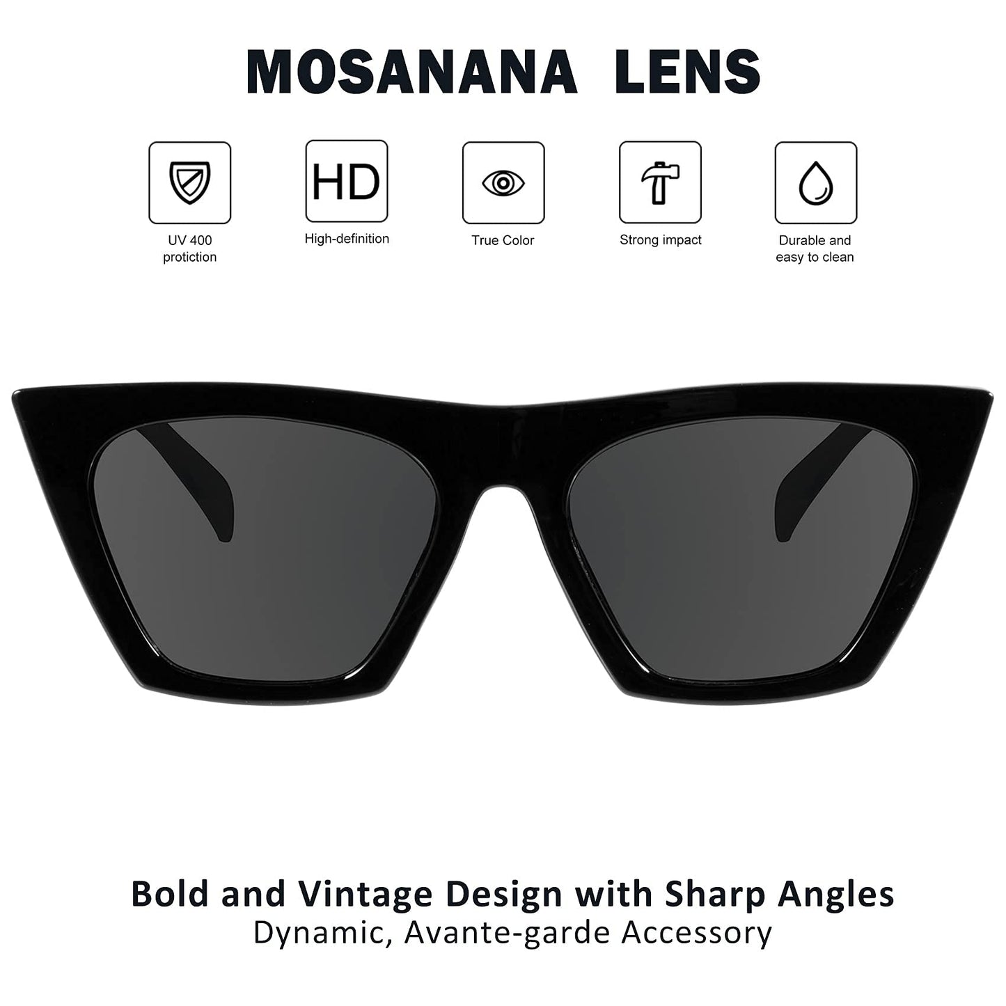 mosanana Cat Eye Sunglasses for Women Trendy Square Cateye Black Retro Cool Vintage Fashion 90s Cute Funky Ladies Small Chunky Unique Shine