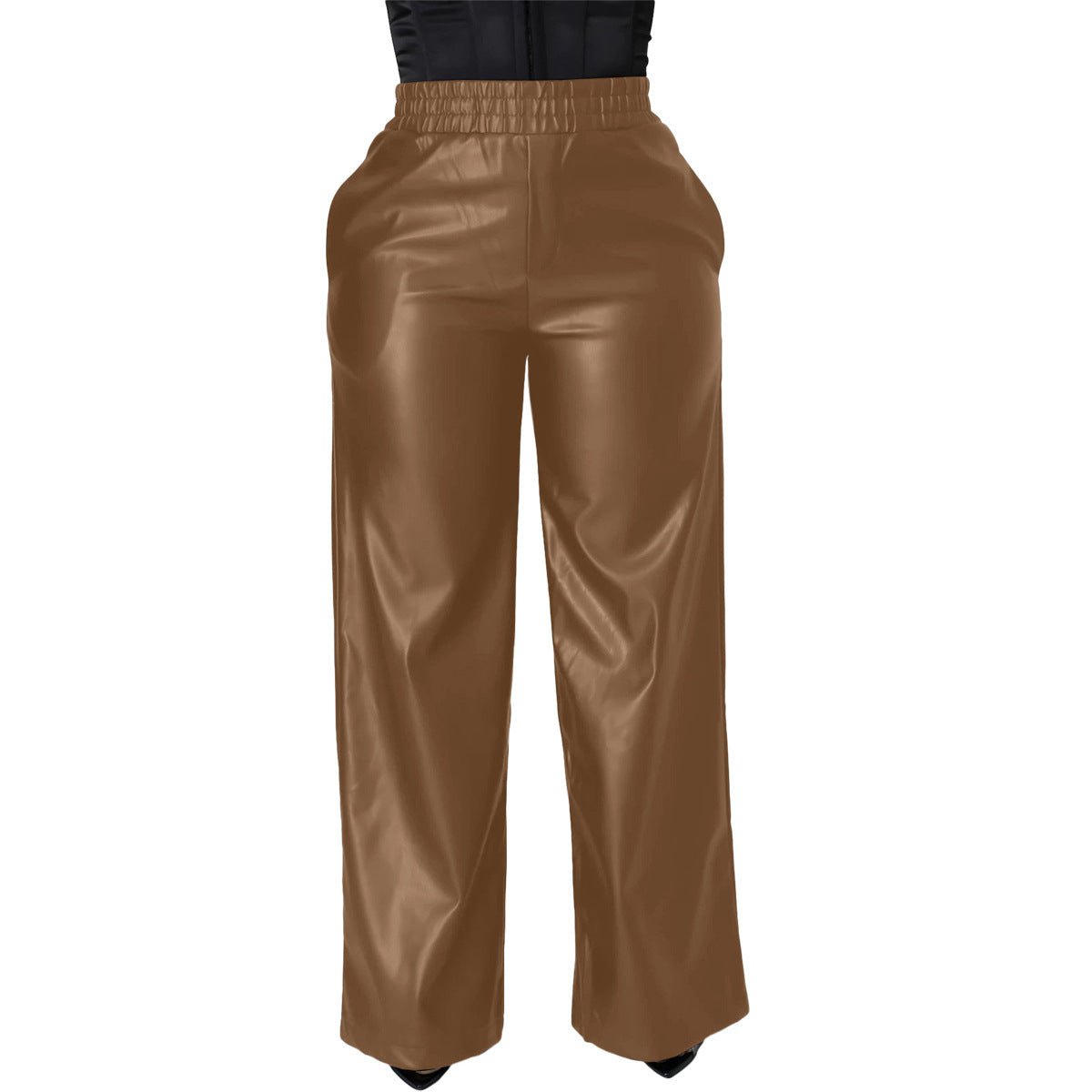 Solid Color Loose Wide Leg Pocket PU Leather Pants