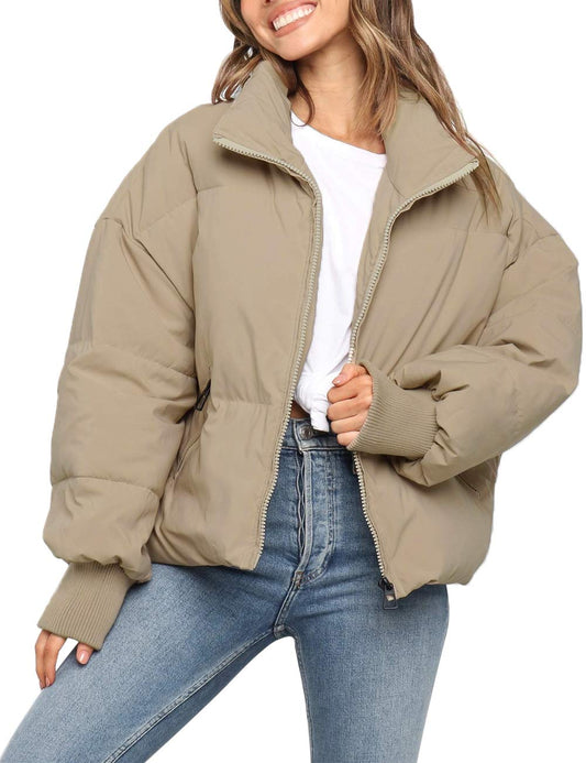 MEROKEETY Women's 2024 Winter Long Sleeve Zip Puffer Jacket Pockets Baggy Short Down Coats, Khaki, S