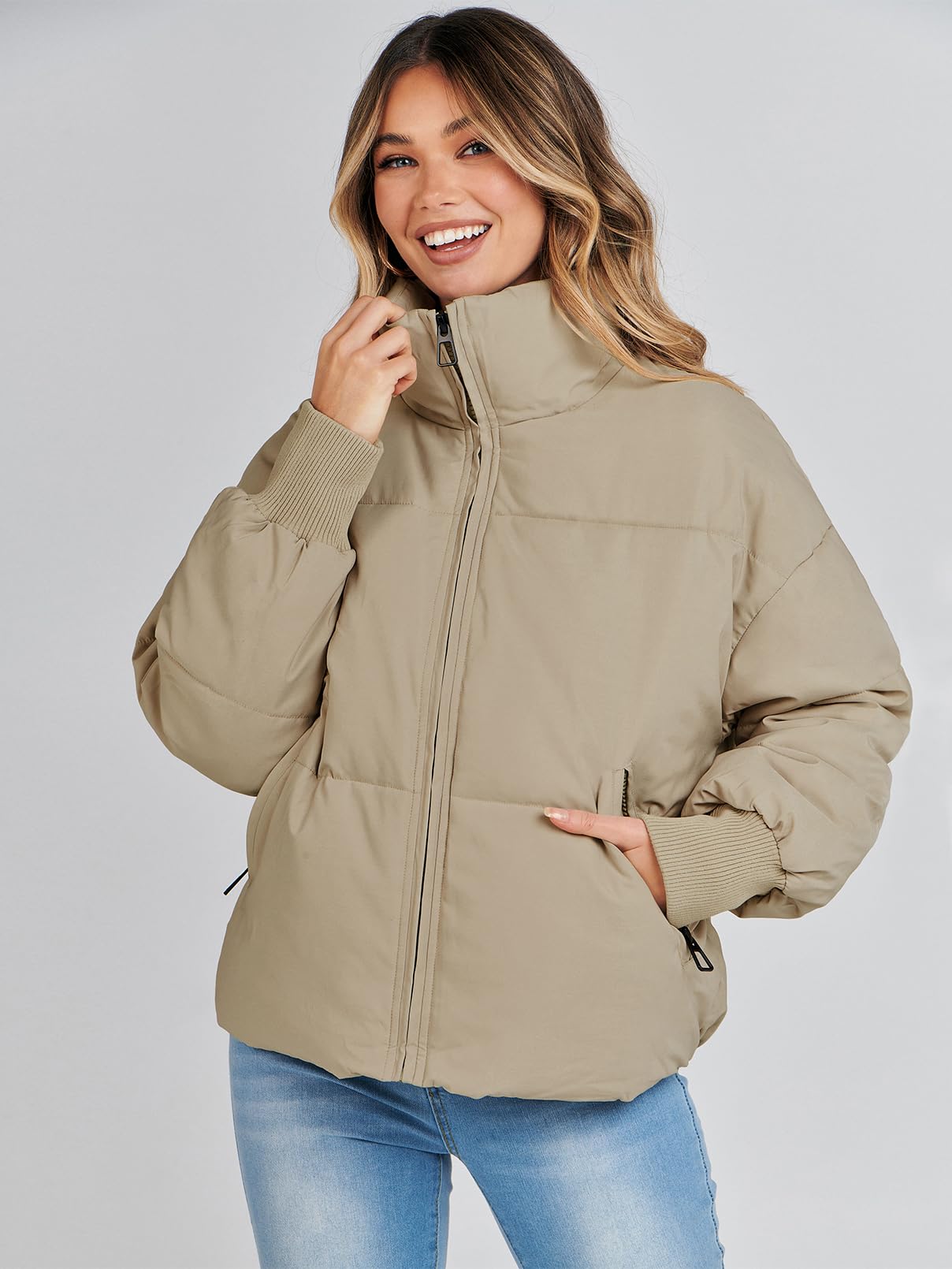 MEROKEETY Women's 2024 Winter Long Sleeve Zip Puffer Jacket Pockets Baggy Short Down Coats, Khaki, S